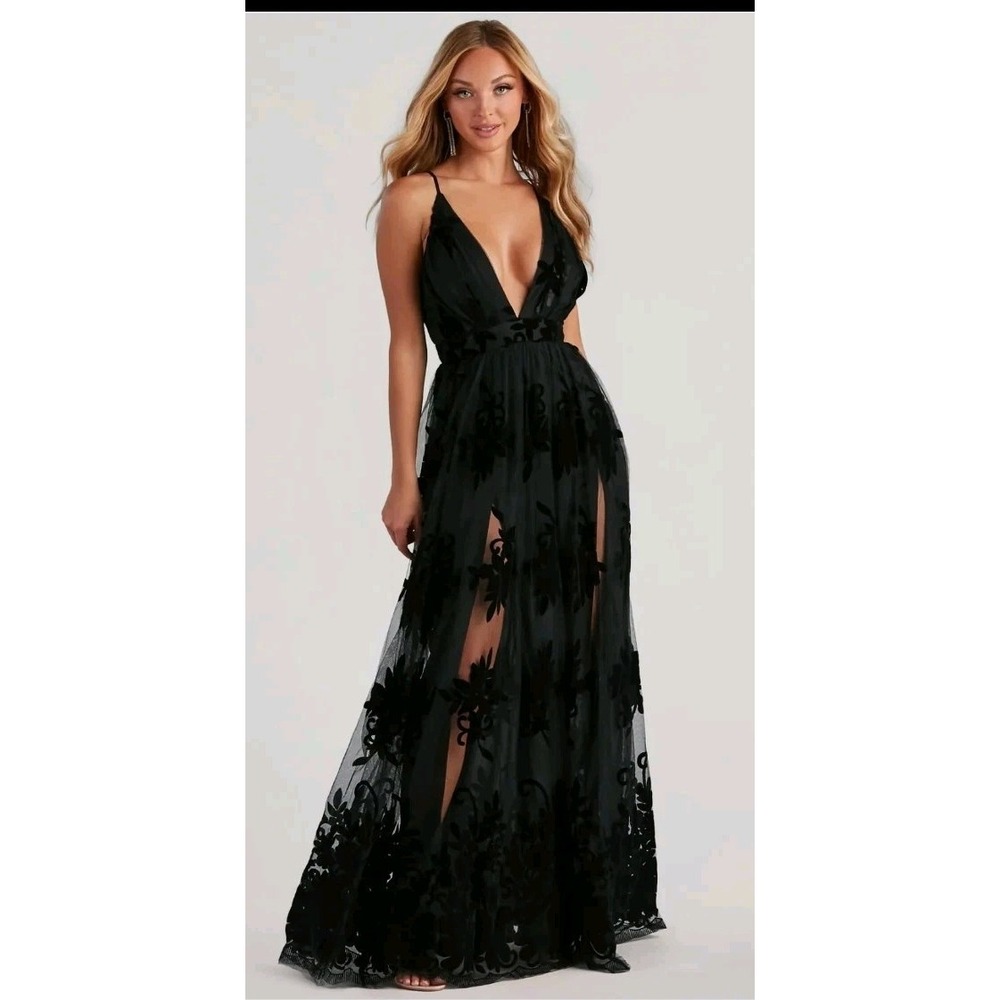 Windsor Morgan Flocked Velvet A-Line Formal Dress Black NWT Size Small